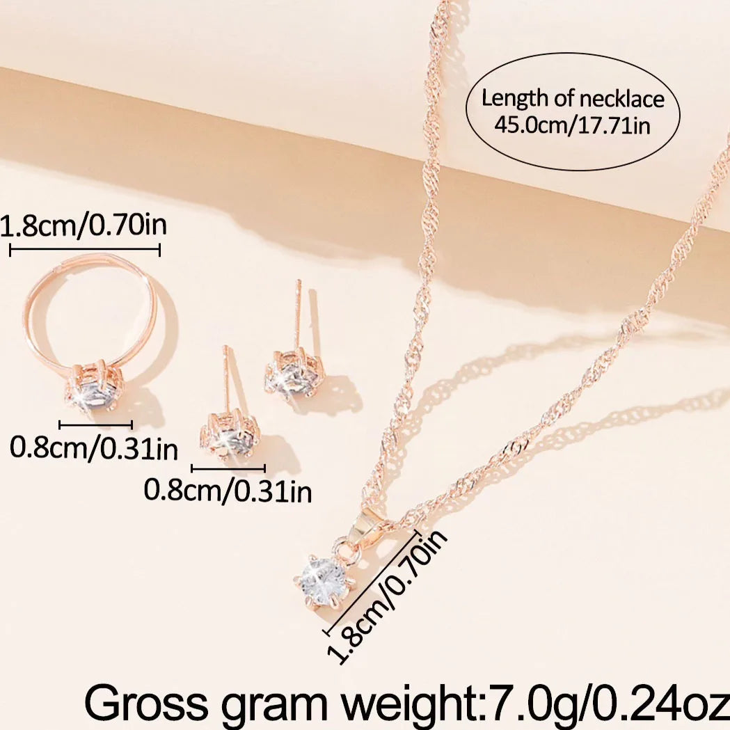 5Pcs Elegant Crystal Jewelry Set Zirconia Ring, Necklace, Bracelet, And Earrings