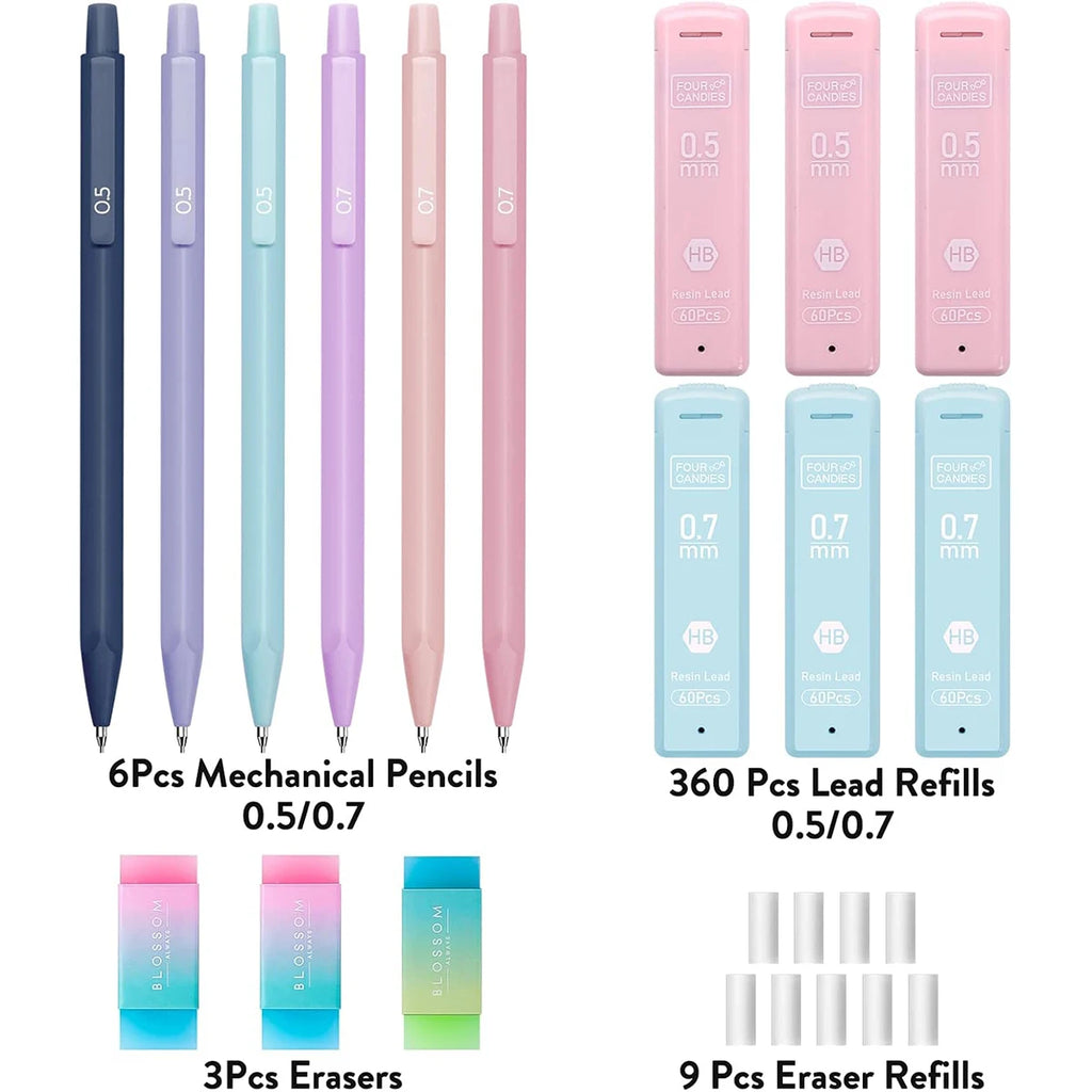 Cute Mechanical Pencil Set 6 Pastel Mechanical Pencils 0.5 0.7mm 120 HB Leads 3 Erasers