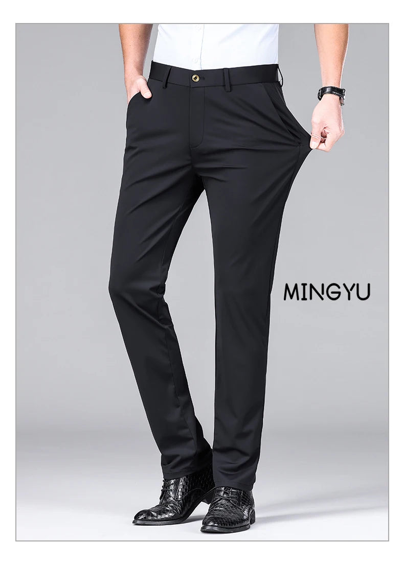 High Stretch Fabric Summer Thin Ice Silk Business Pants Men Elastic Waist Classic Work Office Formal Suit Trousers Plus Size 40