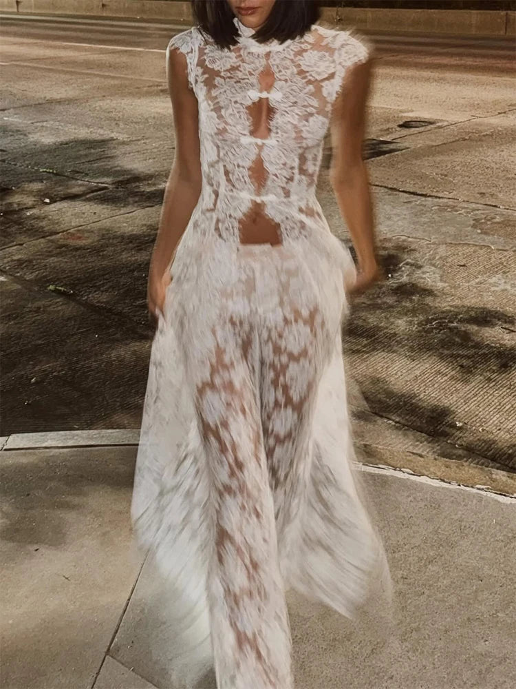 Solid Lace Halter Maxi Dress- Sexy Cutout Waist, Sheer Slim Fit Fishtail Long Gowns
