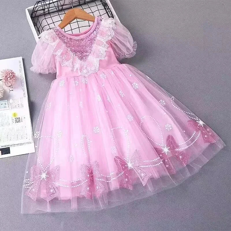Summer Girls Tulle Dress Princess Sequined Puff Mesh Gown