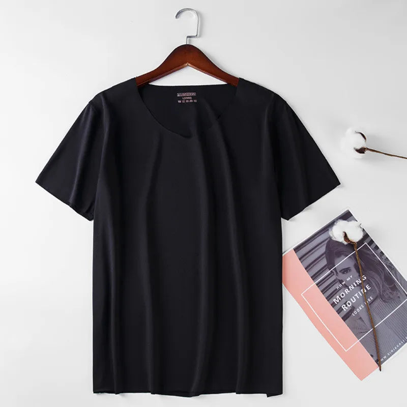 Men V Neck Ice Silk T Shirt- Seamless, Solid Color, Slim, Short Sleeve Summer
