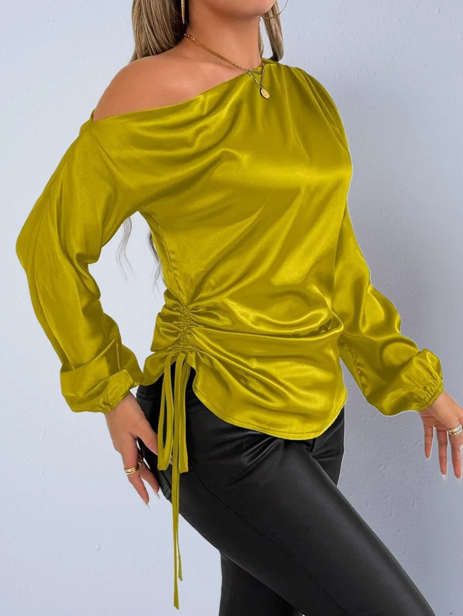 Spring Summer Women's Clothing Satin Asymmetric Slash Neck Long Sleeve Blouse For Woman Slim Fit Polyester Satin Casual Top