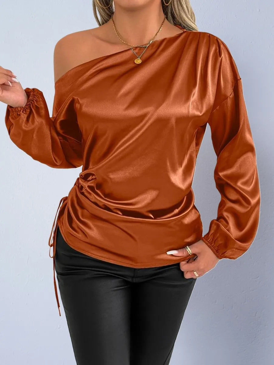 Spring Summer Women's Clothing Satin Asymmetric Slash Neck Long Sleeve Blouse For Woman Slim Fit Polyester Satin Casual Top