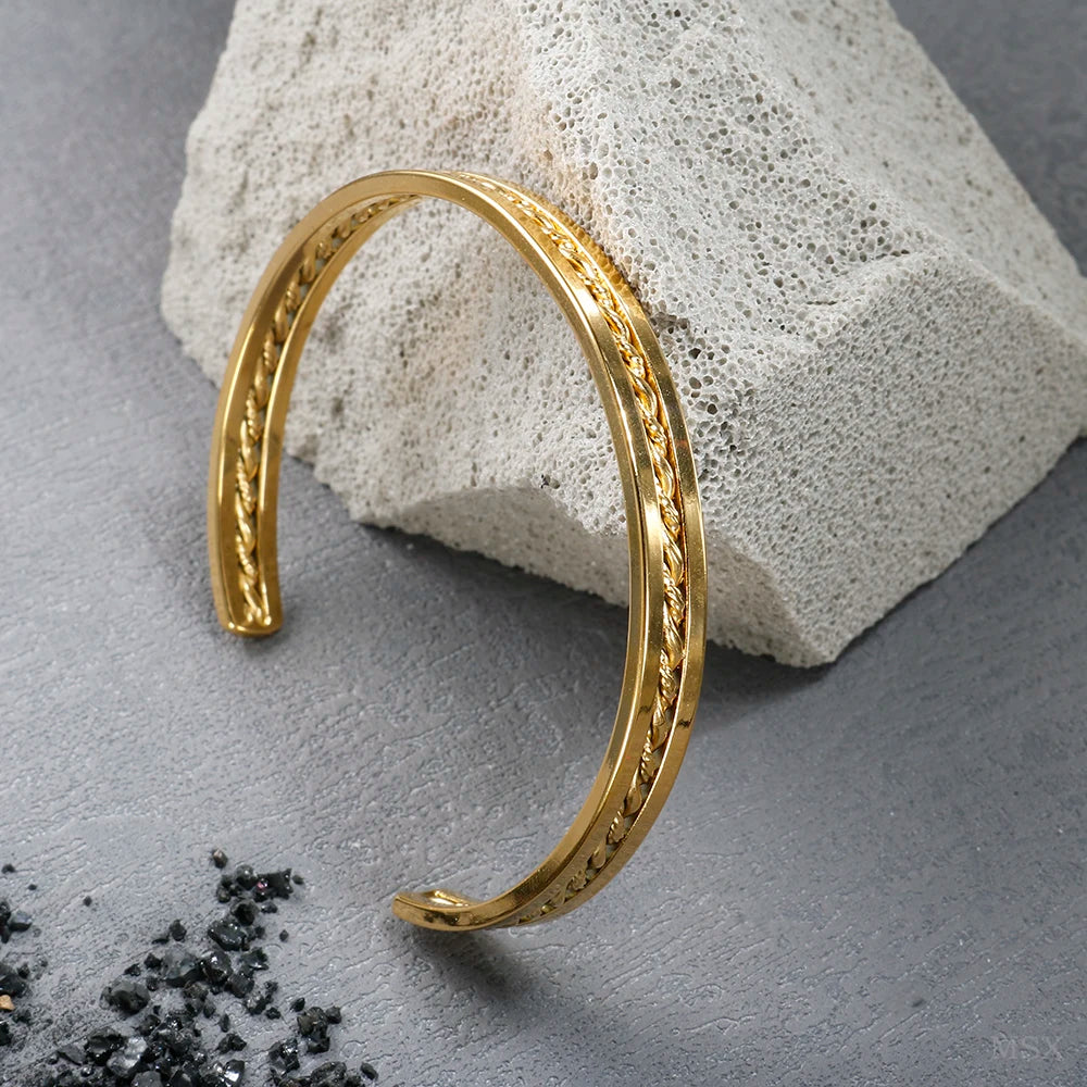 Beads Punk Gold Plated Thick Textured Open Bracelet Bangle for Women and Men