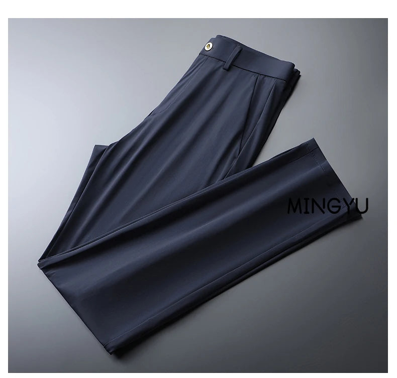 High Stretch Fabric Summer Thin Ice Silk Business Pants Men Elastic Waist Classic Work Office Formal Suit Trousers Plus Size 40