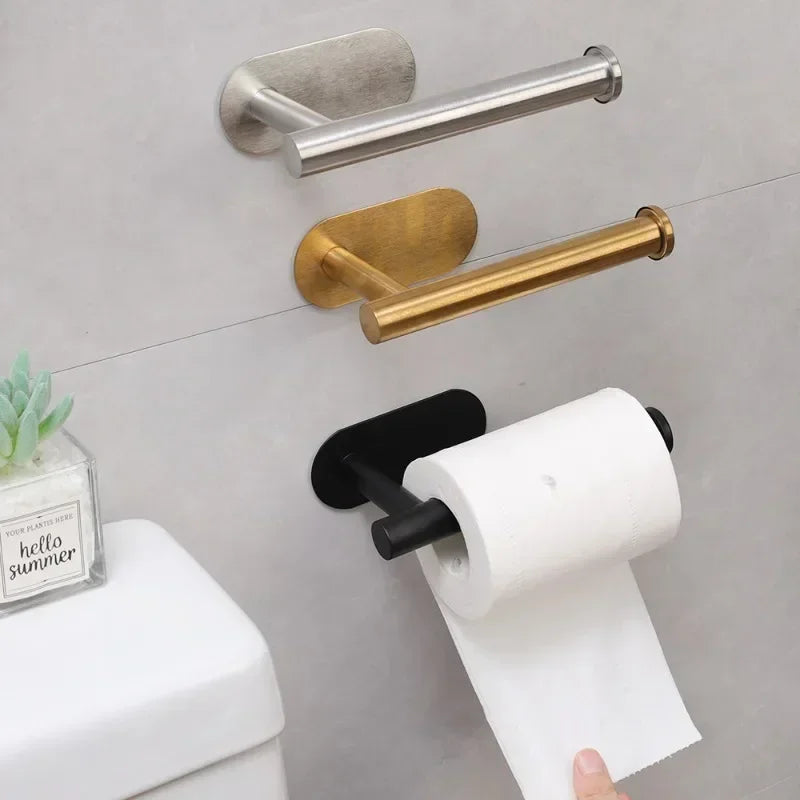 Self Adhesive Toilet Paper Holder Gold Stainless Steel Wall Mount No Punching Tissue Towel Roll Dispenser Bathroom Paper Hooks