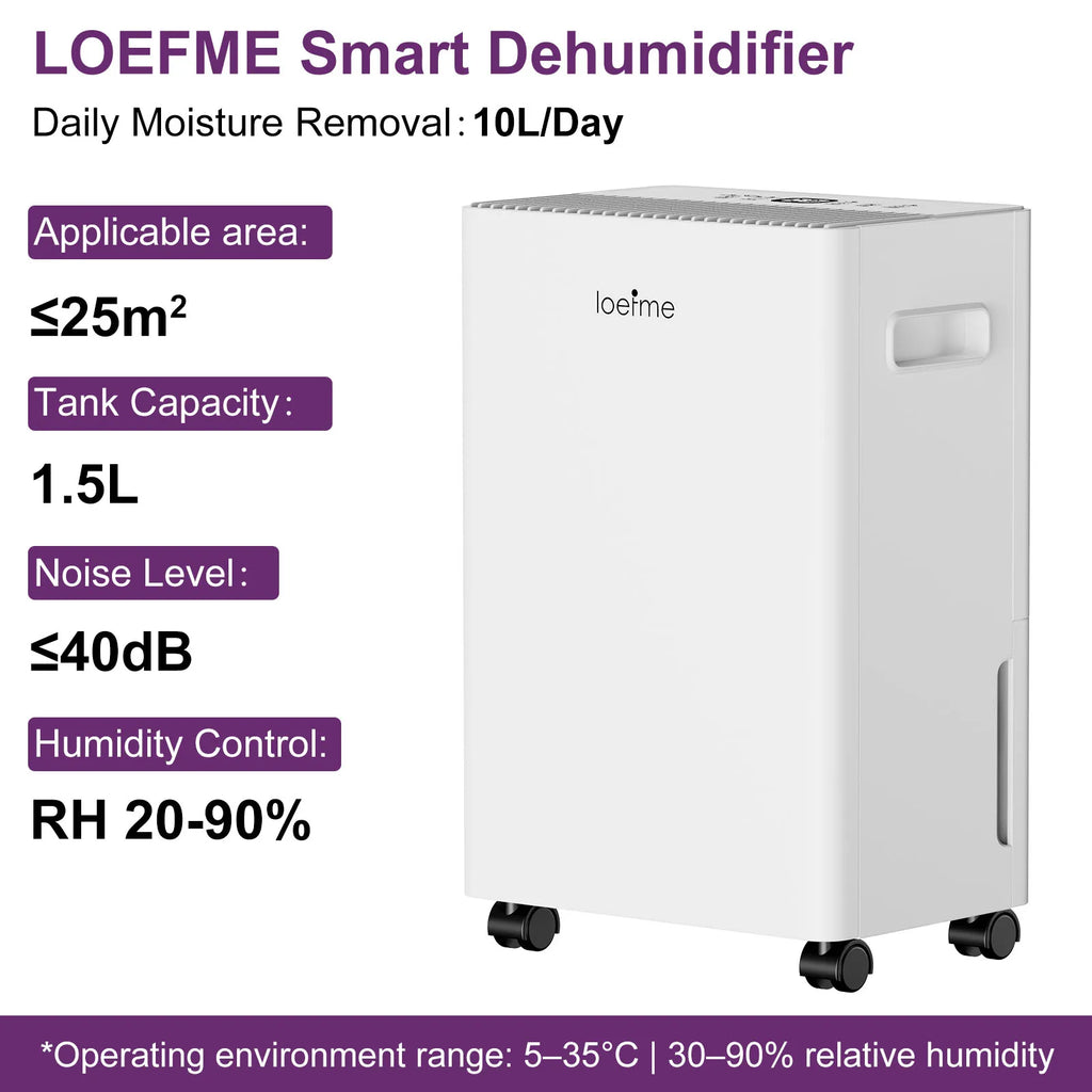 LOEFME 10L Dehumidifier with Auto Humidity Sensor, 24H Timer, 3 Modes for Home, Continuous Drainage Digital Display, Dryer Mode