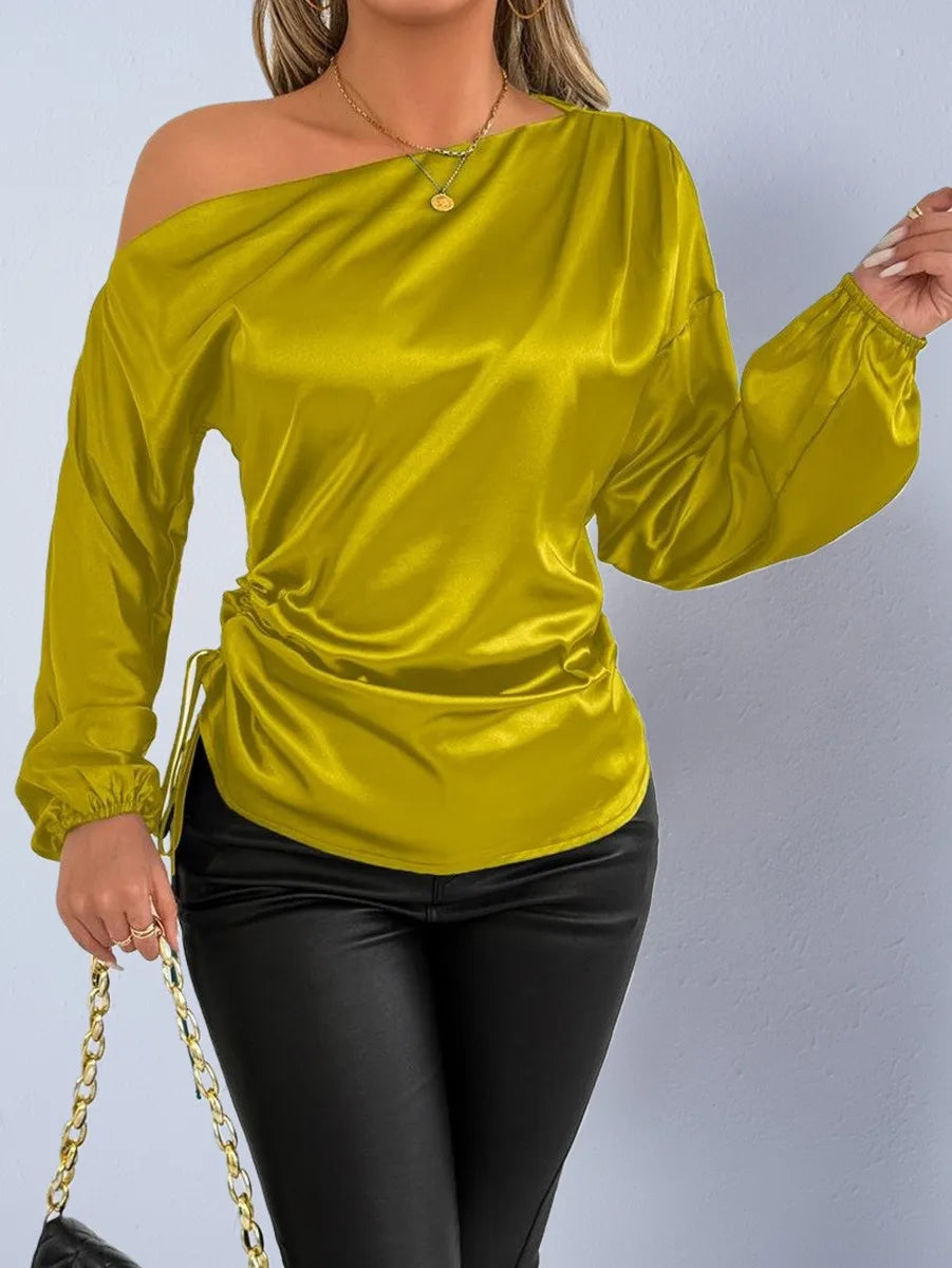 Spring Summer Women's Clothing Satin Asymmetric Slash Neck Long Sleeve Blouse For Woman Slim Fit Polyester Satin Casual Top