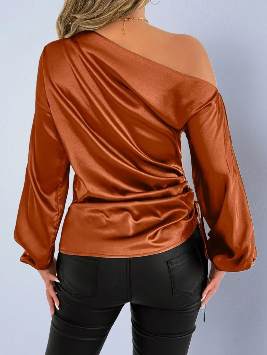 Spring Summer Women's Clothing Satin Asymmetric Slash Neck Long Sleeve Blouse For Woman Slim Fit Polyester Satin Casual Top