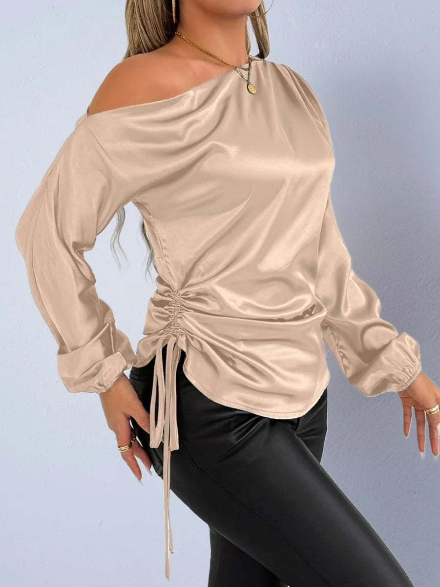 Spring Summer Women's Clothing Satin Asymmetric Slash Neck Long Sleeve Blouse For Woman Slim Fit Polyester Satin Casual Top