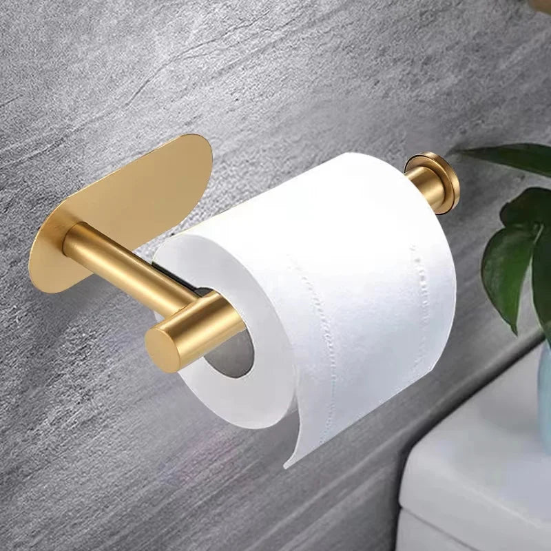 Self Adhesive Toilet Paper Holder Gold Stainless Steel Wall Mount No Punching Tissue Towel Roll Dispenser Bathroom Paper Hooks