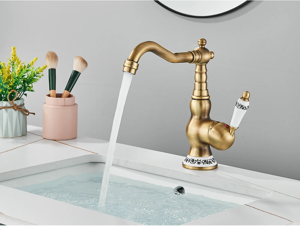 Kitchen Sink Faucets Antique Brass Single Handle Kitchen Basin Faucets Deck Mounted Hot & Cold Water Mixer Basin Sink Taps
