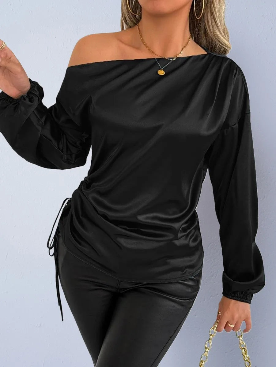Spring Summer Women's Clothing Satin Asymmetric Slash Neck Long Sleeve Blouse For Woman Slim Fit Polyester Satin Casual Top