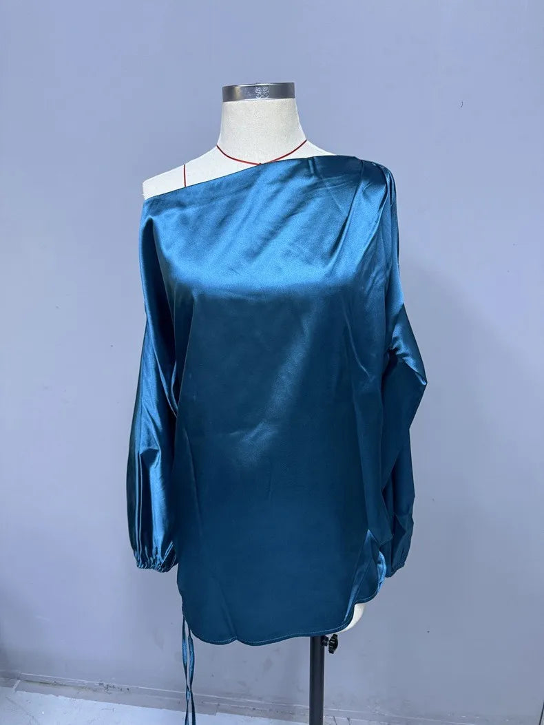 Spring Summer Women's Clothing Satin Asymmetric Slash Neck Long Sleeve Blouse For Woman Slim Fit Polyester Satin Casual Top