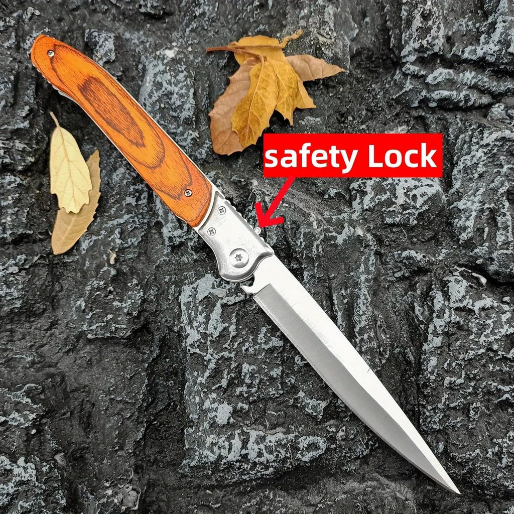 12" Large Folding Pocket Knife, Stainless Steel Blade and Wooden Handle Folding Knife for Outdoor, Camping, and Hunting