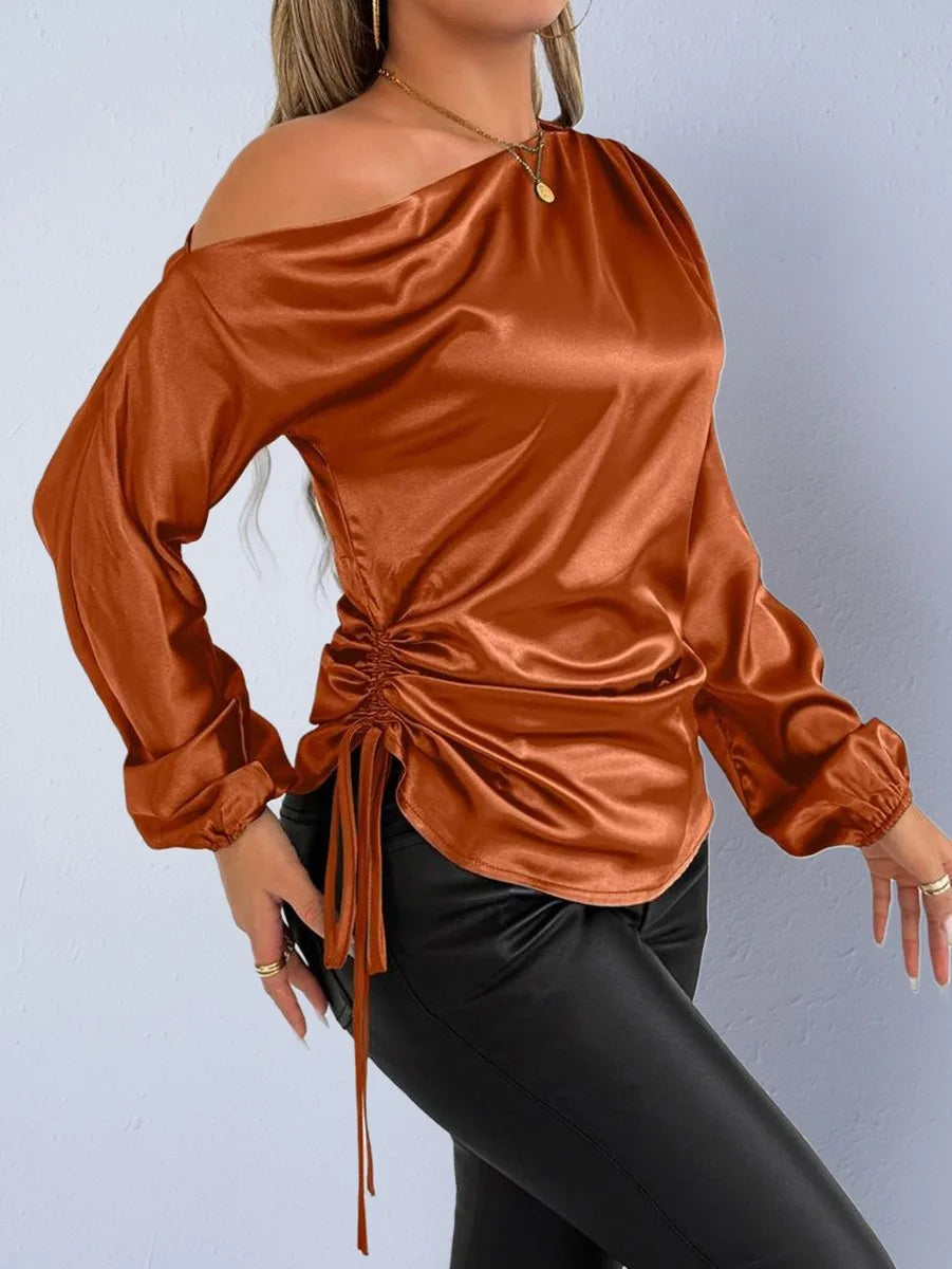 Spring Summer Women's Clothing Satin Asymmetric Slash Neck Long Sleeve Blouse For Woman Slim Fit Polyester Satin Casual Top
