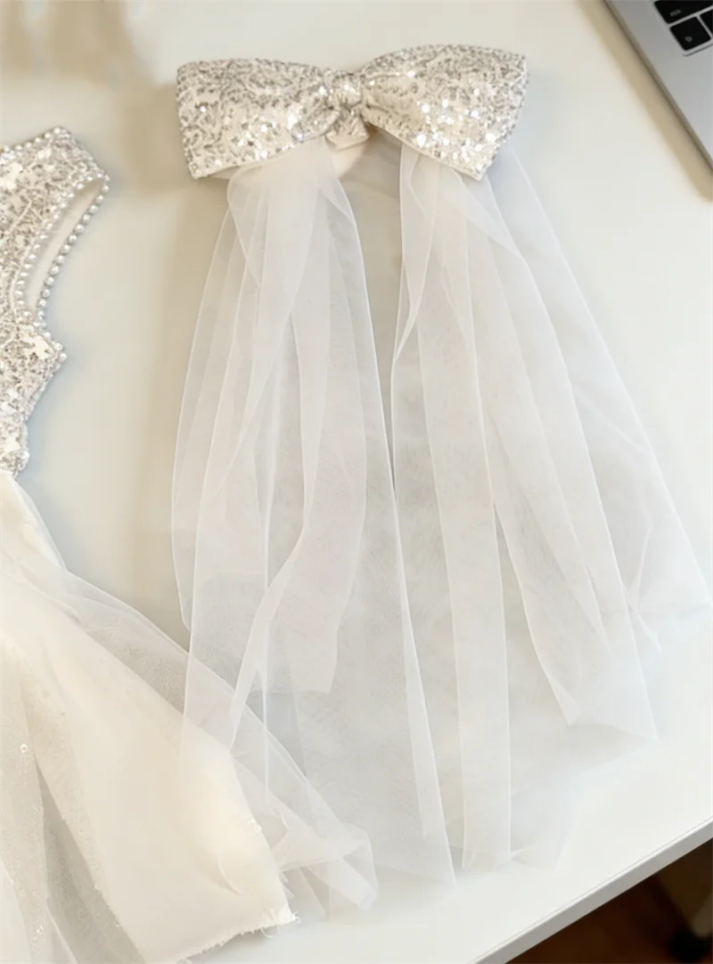 Summer Girls Tulle Dress Princess Sequined Puff Mesh Gown