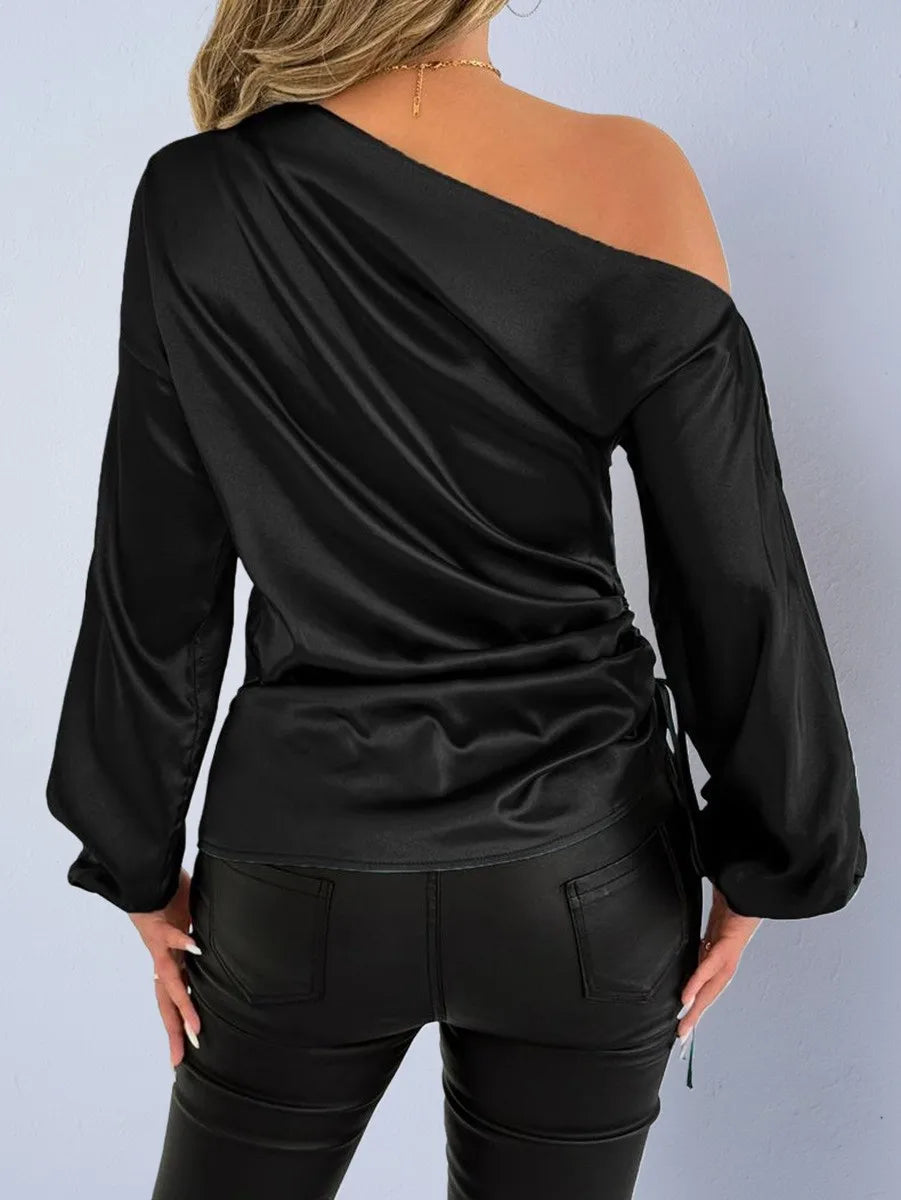 Spring Summer Women's Clothing Satin Asymmetric Slash Neck Long Sleeve Blouse For Woman Slim Fit Polyester Satin Casual Top