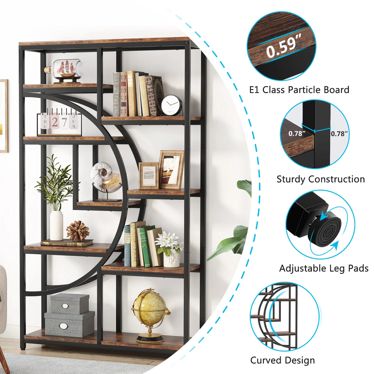Tribesigns Bookshelf, Industrial 5 Tier Etagere Bookcase, Freestanding Tall Bookshelves Display Shelf Storage Organizer
