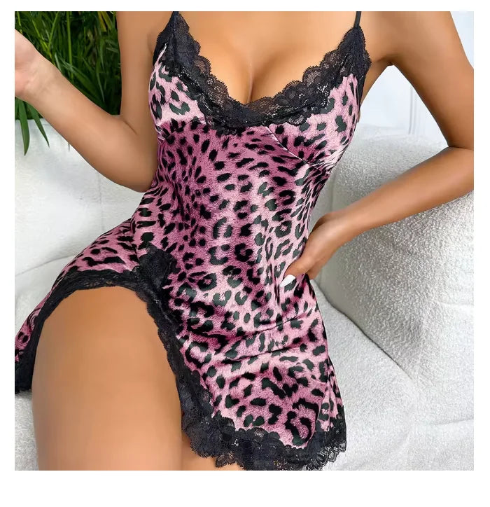 Lace Trim Leopard Nightdress V Neck Backless Side Split Slip Sleep Dress