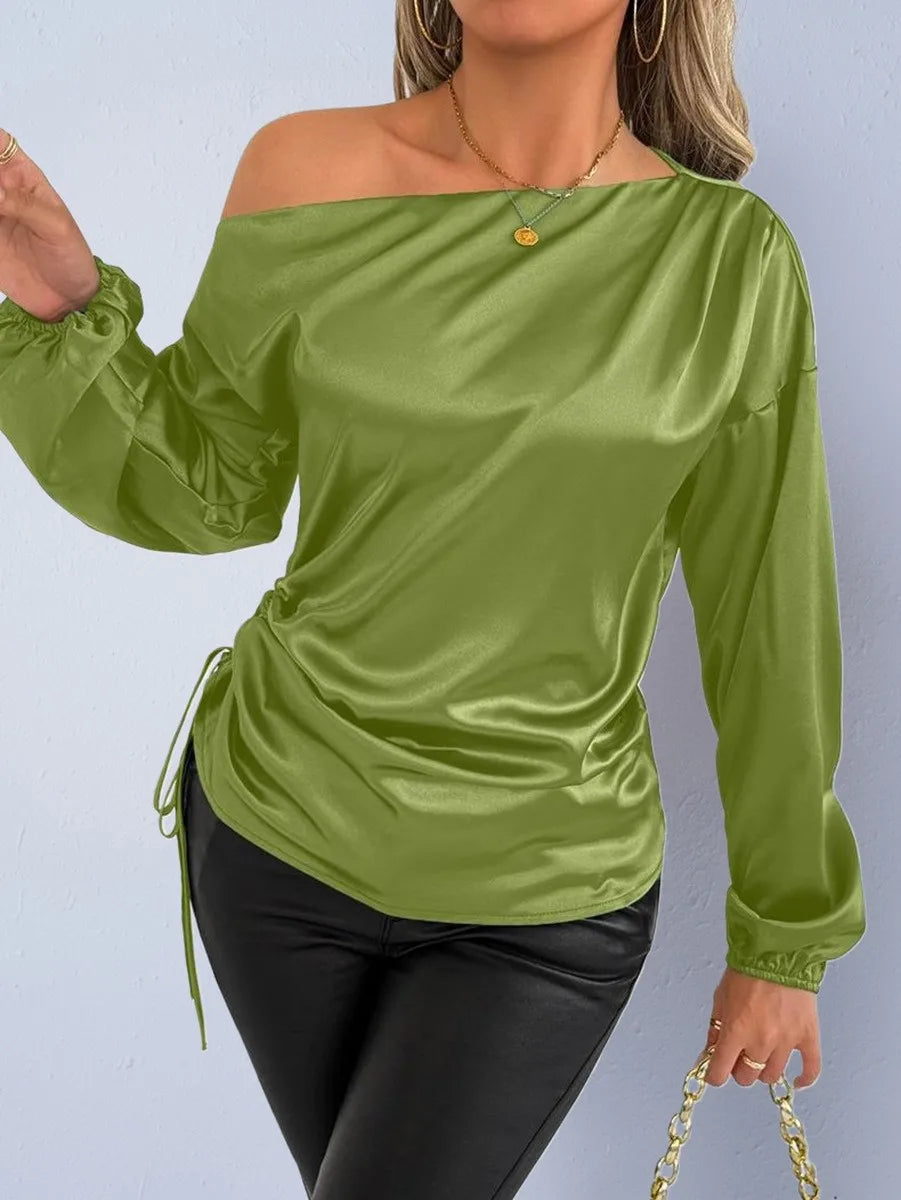 Spring Summer Women's Clothing Satin Asymmetric Slash Neck Long Sleeve Blouse For Woman Slim Fit Polyester Satin Casual Top