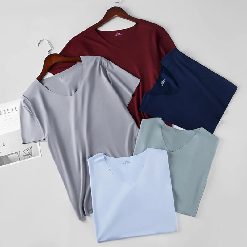 Men V Neck Ice Silk T Shirt- Seamless, Solid Color, Slim, Short Sleeve Summer