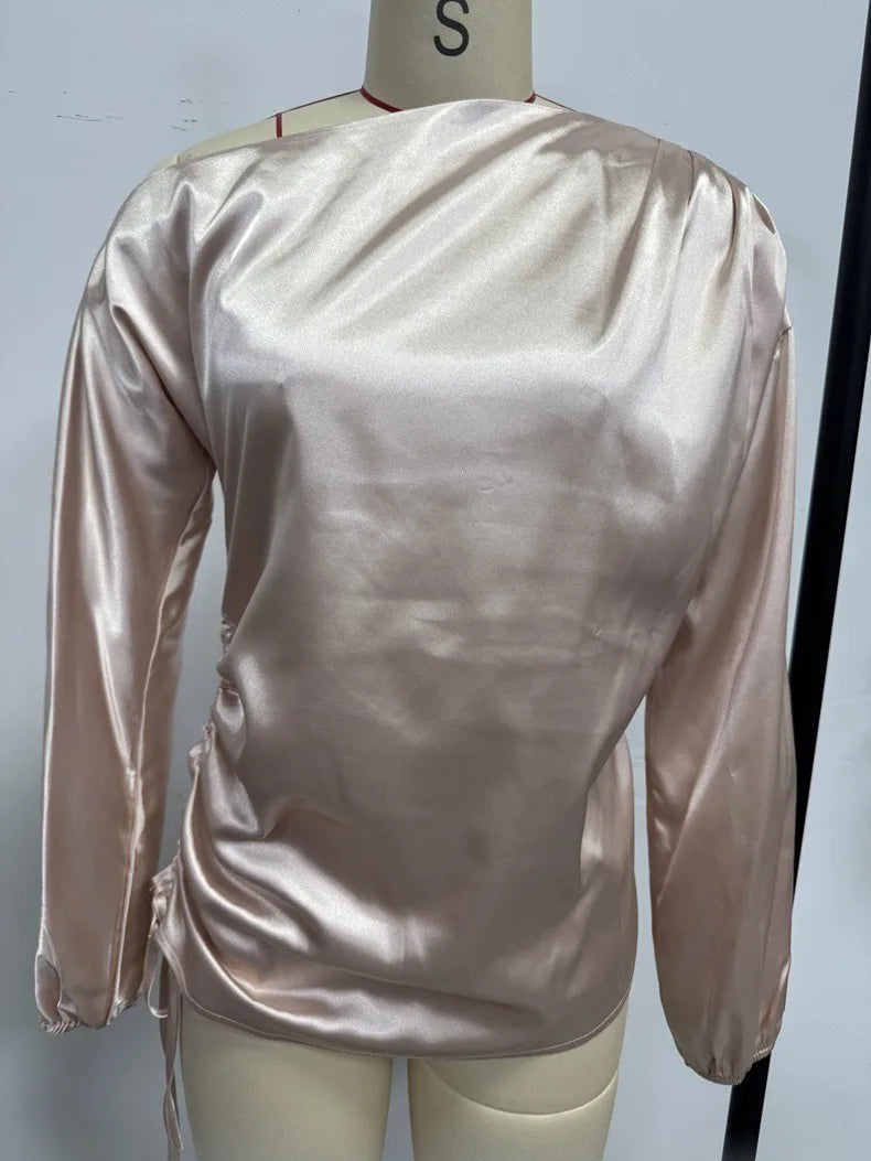 Spring Summer Women's Clothing Satin Asymmetric Slash Neck Long Sleeve Blouse For Woman Slim Fit Polyester Satin Casual Top