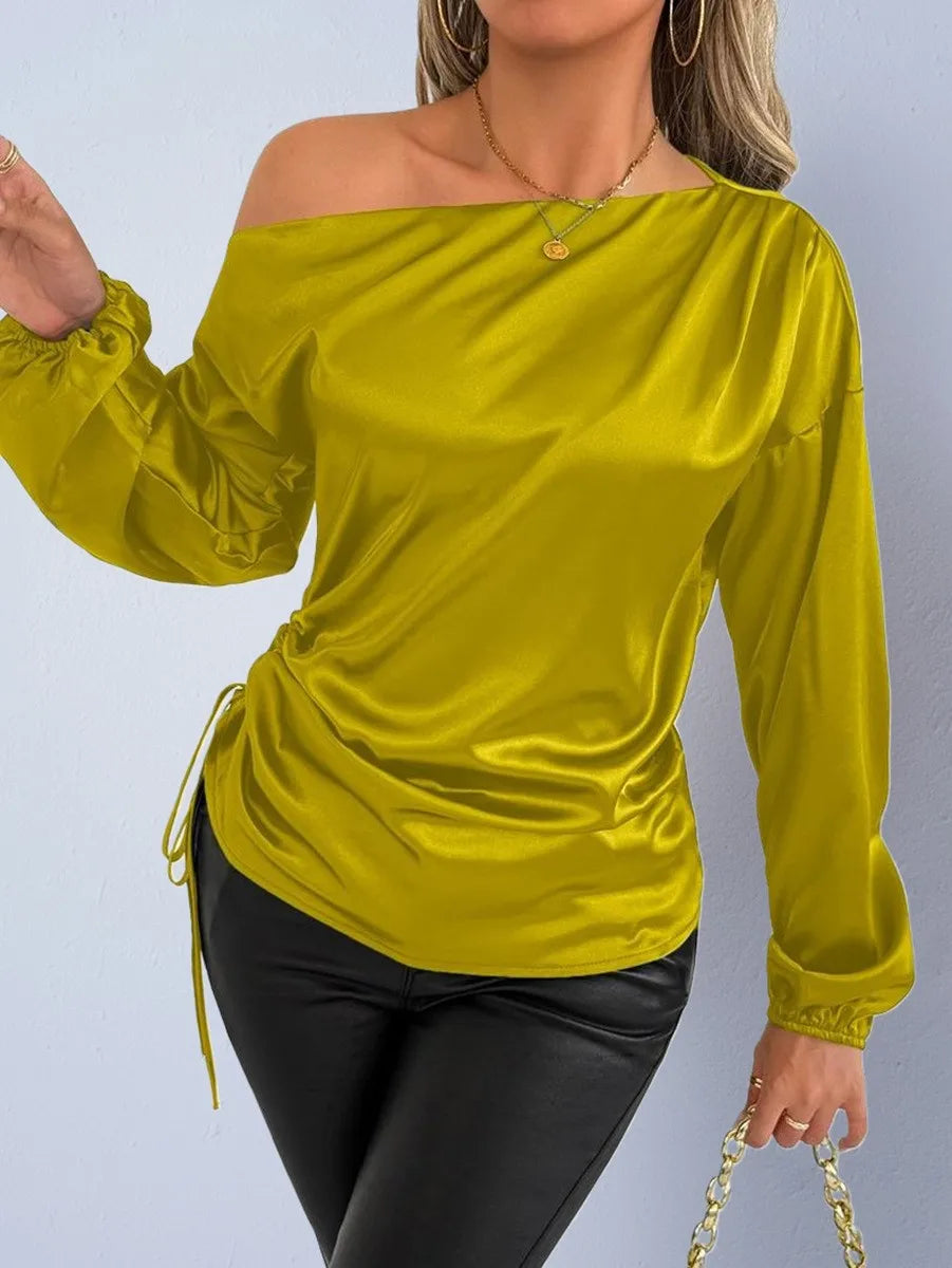 Spring Summer Women's Clothing Satin Asymmetric Slash Neck Long Sleeve Blouse For Woman Slim Fit Polyester Satin Casual Top