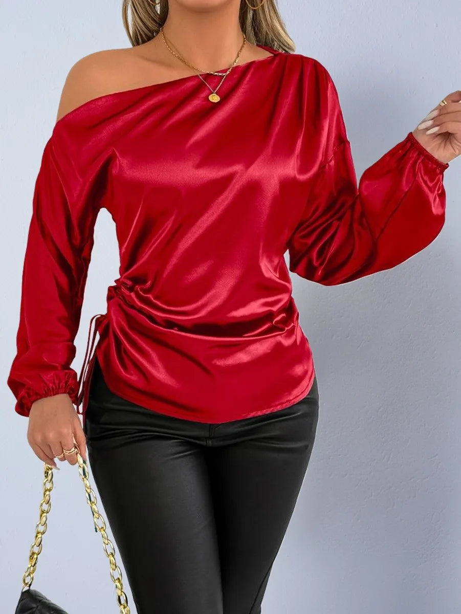 Spring Summer Women's Clothing Satin Asymmetric Slash Neck Long Sleeve Blouse For Woman Slim Fit Polyester Satin Casual Top