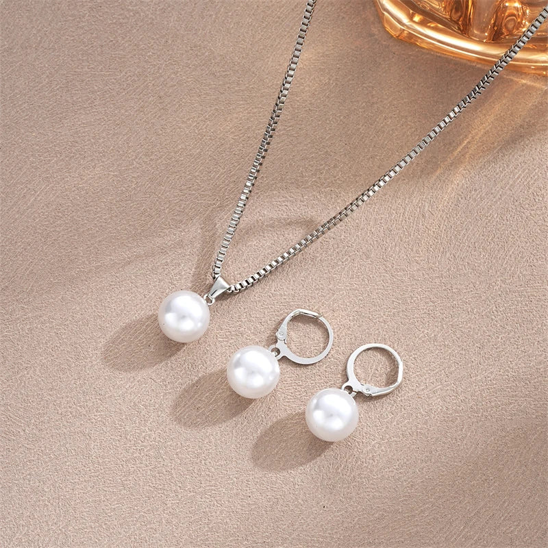 Fashion Elegant Pearl Pendant Jewelry Set for Women Vintage Gold Color Chain Necklace Earring Girl Wedding Party Gifts