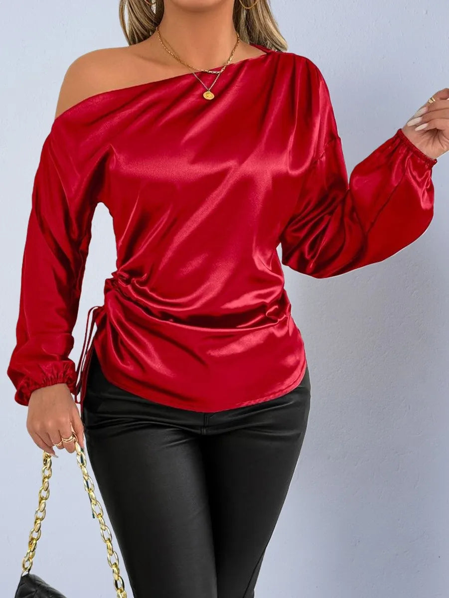Spring Summer Women's Clothing Satin Asymmetric Slash Neck Long Sleeve Blouse For Woman Slim Fit Polyester Satin Casual Top
