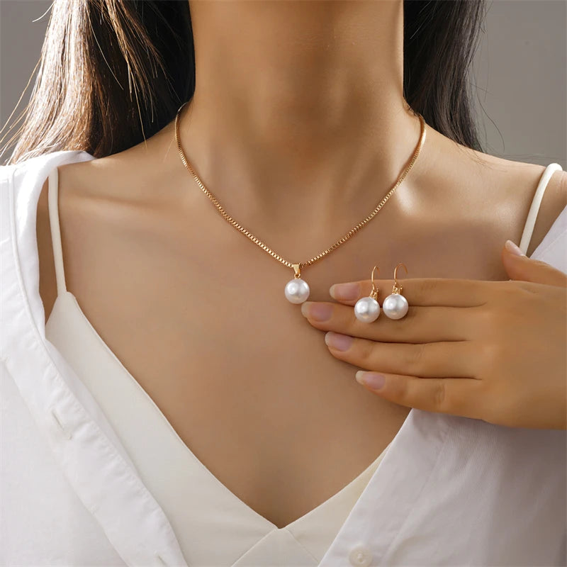 Fashion Elegant Pearl Pendant Jewelry Set for Women Vintage Gold Color Chain Necklace Earring Girl Wedding Party Gifts