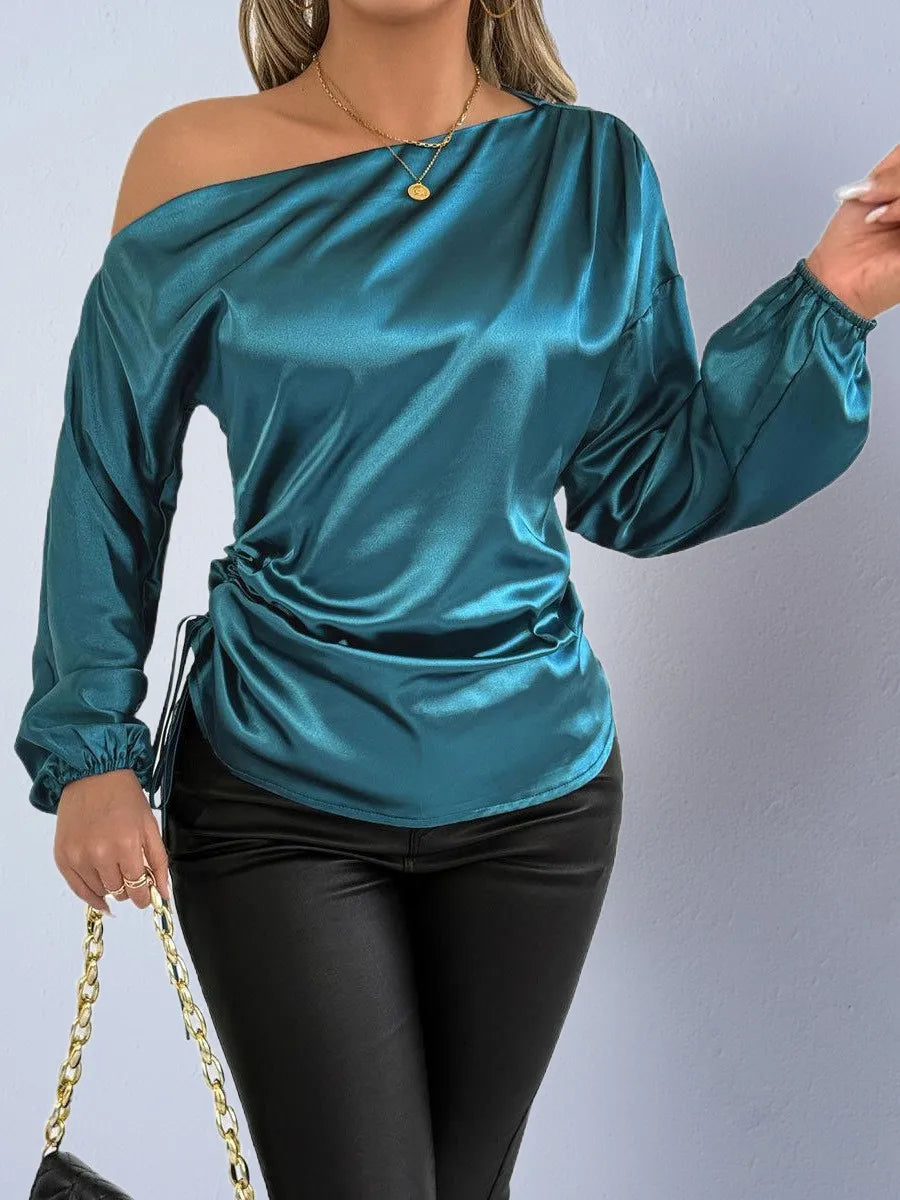 Spring Summer Women's Clothing Satin Asymmetric Slash Neck Long Sleeve Blouse For Woman Slim Fit Polyester Satin Casual Top