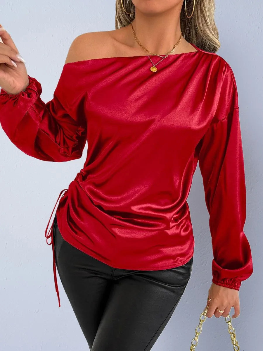 Spring Summer Women's Clothing Satin Asymmetric Slash Neck Long Sleeve Blouse For Woman Slim Fit Polyester Satin Casual Top
