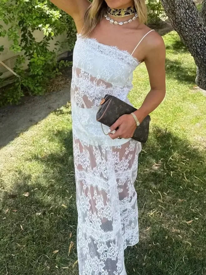 Solid Lace Halter Maxi Dress- Sexy Cutout Waist, Sheer Slim Fit Fishtail Long Gowns