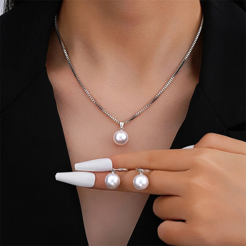 Fashion Elegant Pearl Pendant Jewelry Set for Women Vintage Gold Color Chain Necklace Earring Girl Wedding Party Gifts