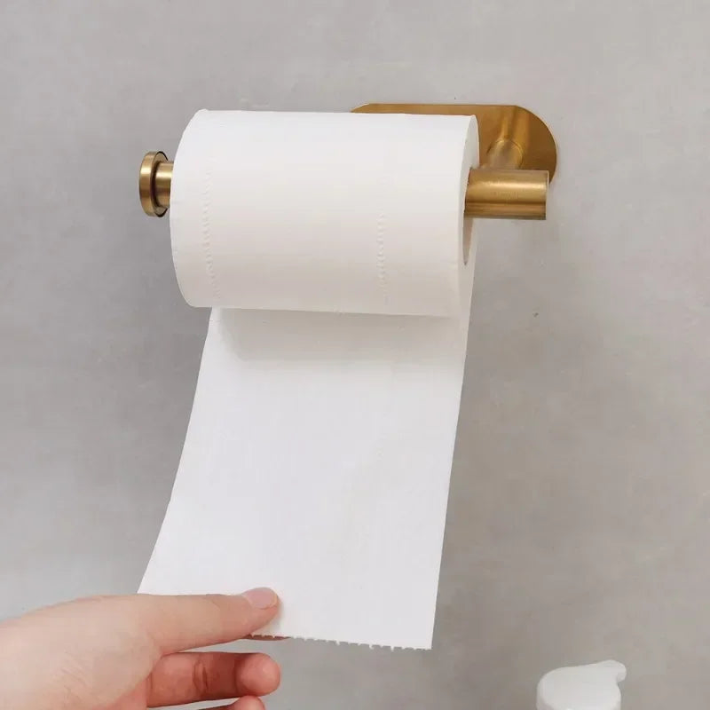 Self Adhesive Toilet Paper Holder Gold Stainless Steel Wall Mount No Punching Tissue Towel Roll Dispenser Bathroom Paper Hooks