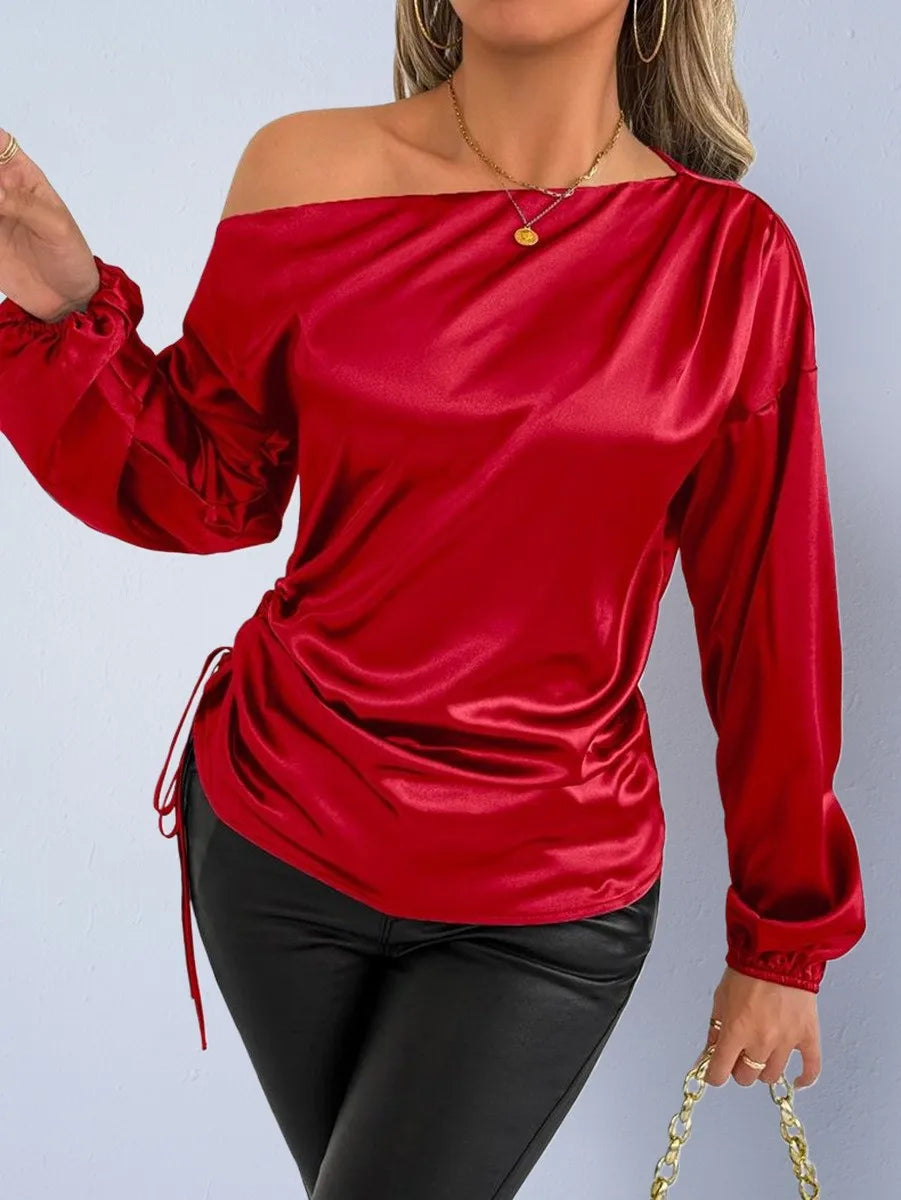 Spring Summer Women's Clothing Satin Asymmetric Slash Neck Long Sleeve Blouse For Woman Slim Fit Polyester Satin Casual Top