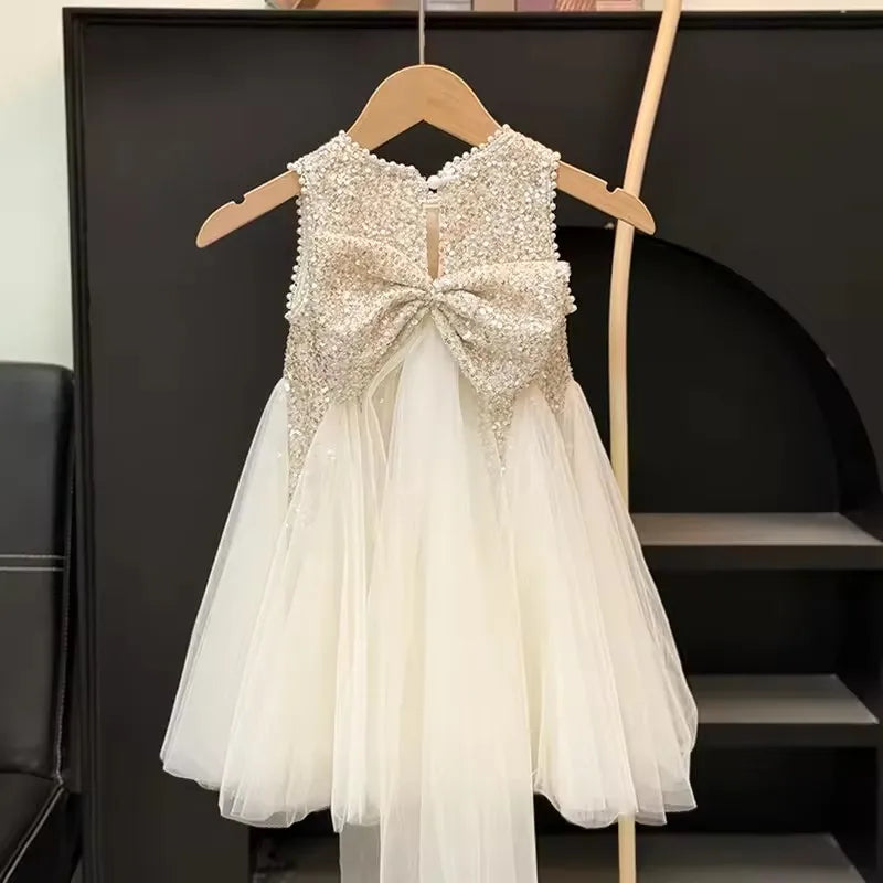 Summer Girls Tulle Dress Princess Sequined Puff Mesh Gown