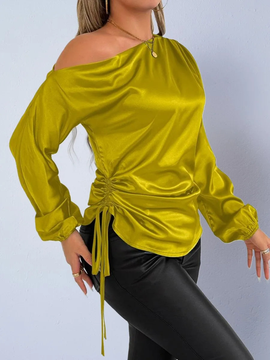 Spring Summer Women's Clothing Satin Asymmetric Slash Neck Long Sleeve Blouse For Woman Slim Fit Polyester Satin Casual Top