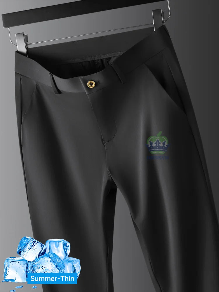 High Stretch Fabric Summer Thin Ice Silk Business Pants Men Elastic Waist Classic Work Office Formal Suit Trousers Plus Size 40