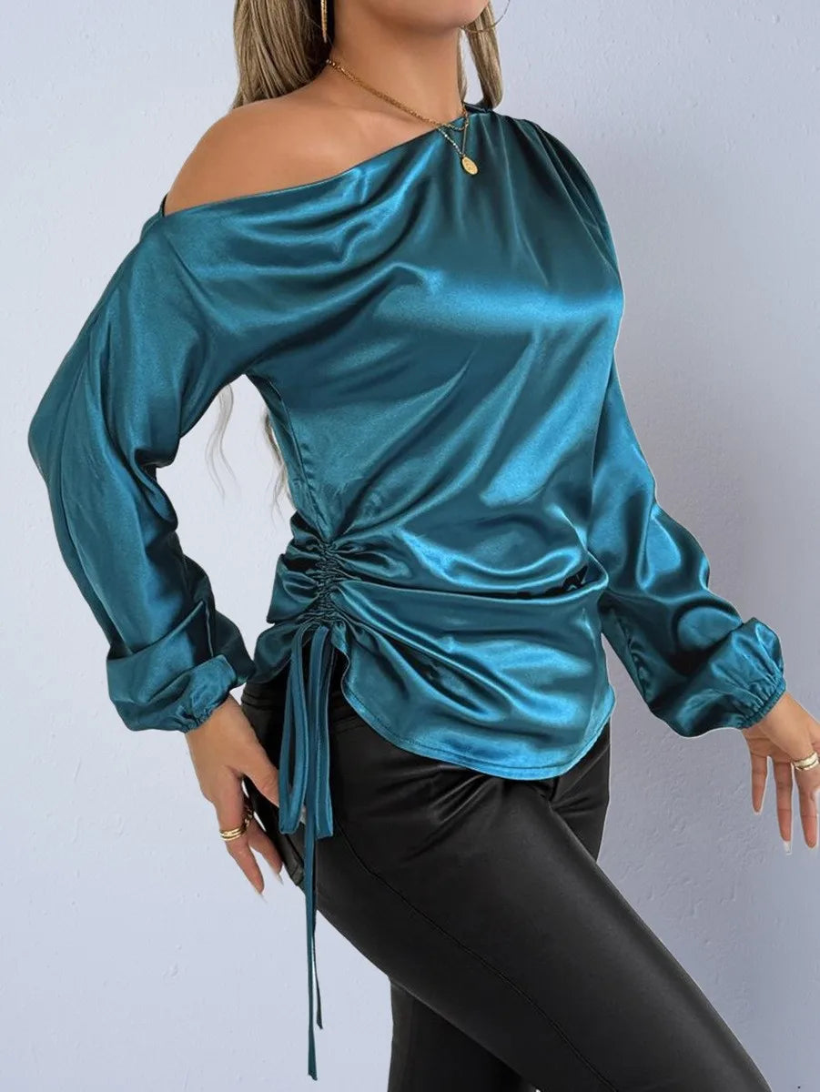 Spring Summer Women's Clothing Satin Asymmetric Slash Neck Long Sleeve Blouse For Woman Slim Fit Polyester Satin Casual Top