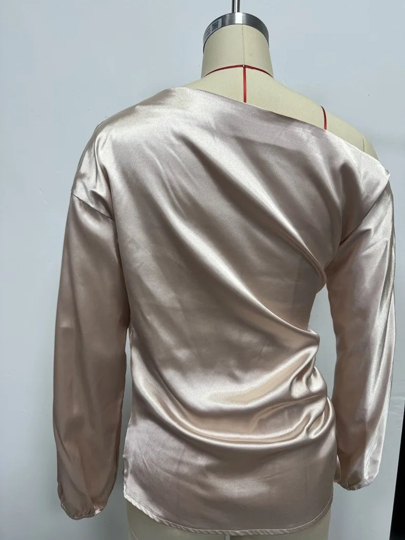 Spring Summer Women's Clothing Satin Asymmetric Slash Neck Long Sleeve Blouse For Woman Slim Fit Polyester Satin Casual Top