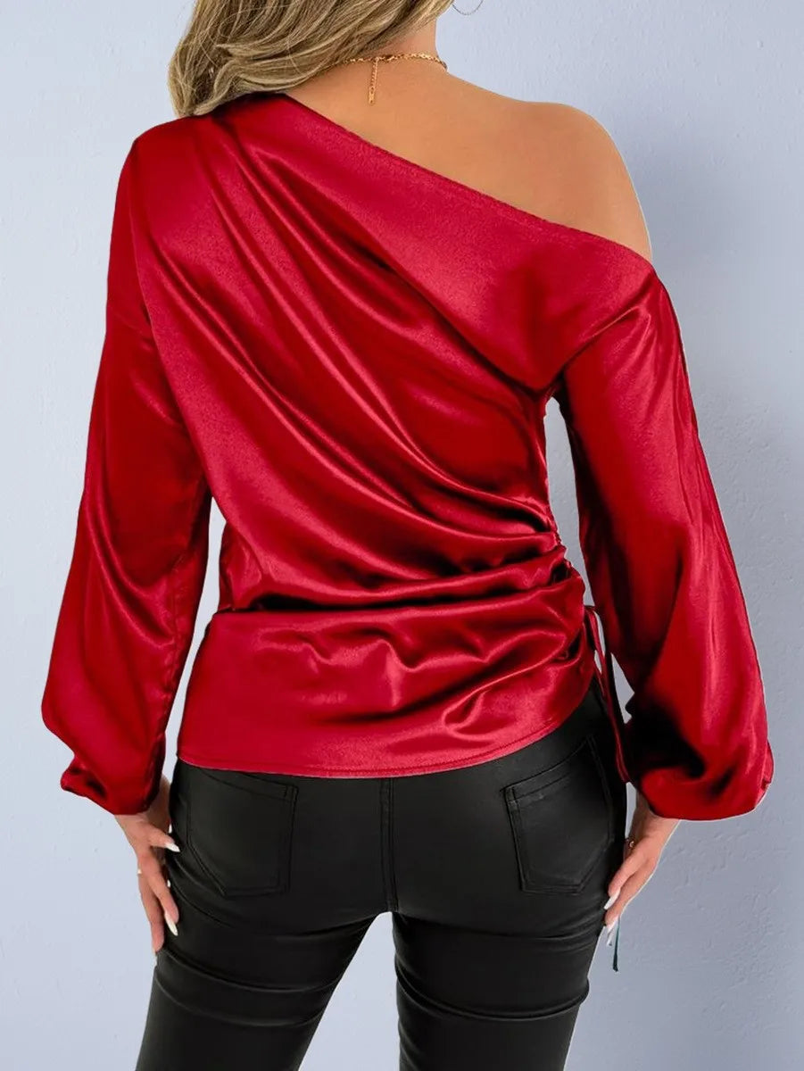 Spring Summer Women's Clothing Satin Asymmetric Slash Neck Long Sleeve Blouse For Woman Slim Fit Polyester Satin Casual Top