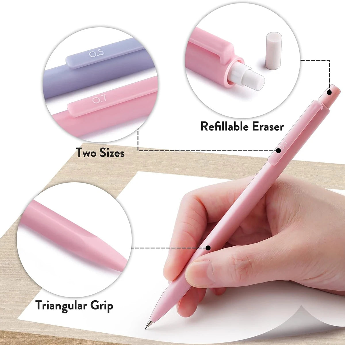 Cute Mechanical Pencil Set 6 Pastel Mechanical Pencils 0.5 0.7mm 120 HB Leads 3 Erasers
