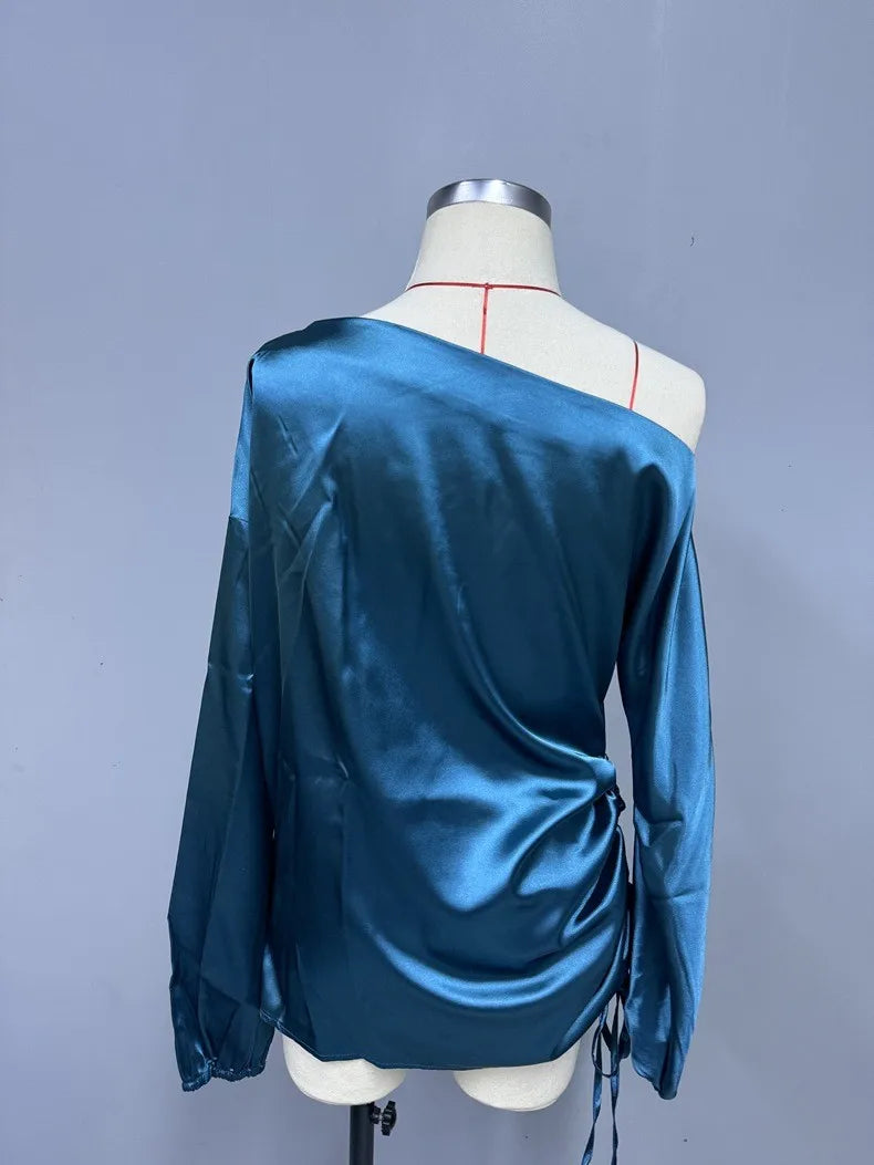 Spring Summer Women's Clothing Satin Asymmetric Slash Neck Long Sleeve Blouse For Woman Slim Fit Polyester Satin Casual Top