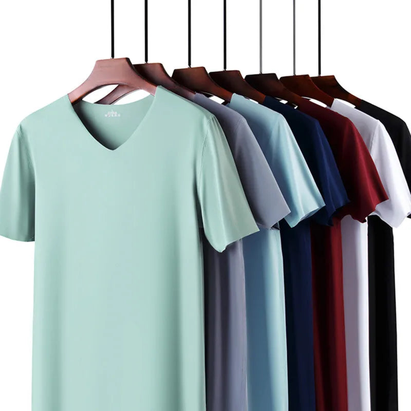 Men V Neck Ice Silk T Shirt- Seamless, Solid Color, Slim, Short Sleeve Summer