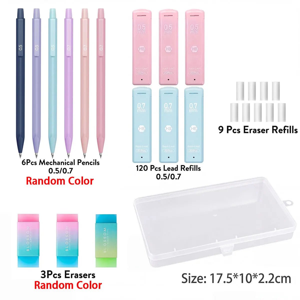 Cute Mechanical Pencil Set 6 Pastel Mechanical Pencils 0.5 0.7mm 120 HB Leads 3 Erasers