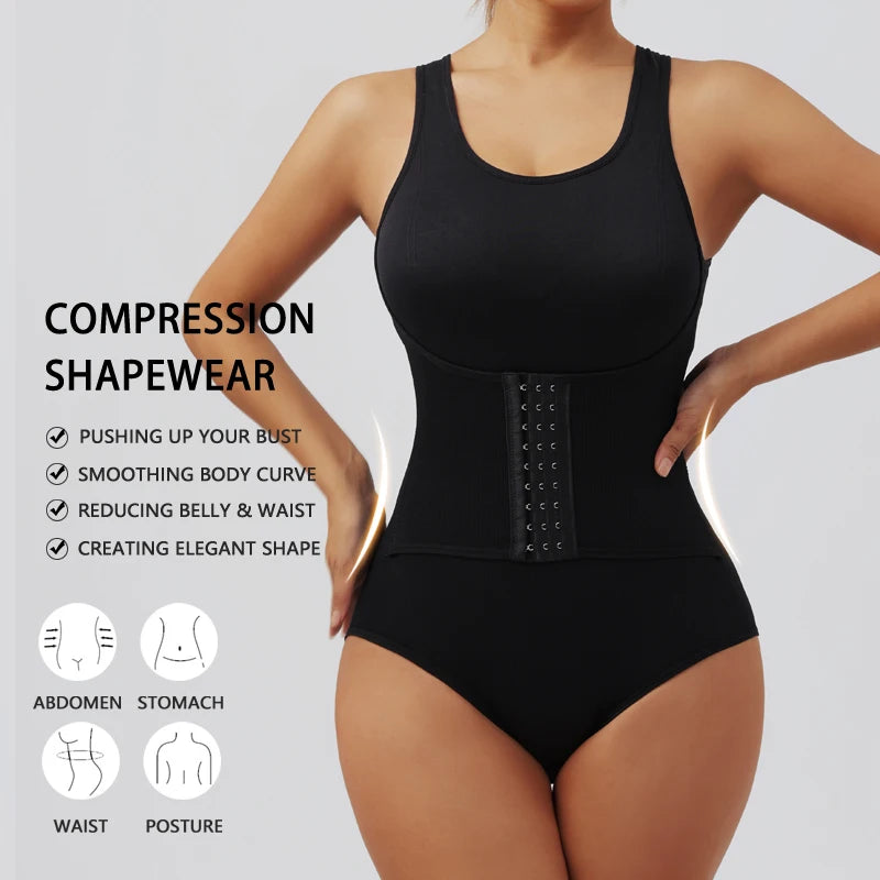Women Bodysuit Shapewear with Zipper Belt Tummy Control Fajas Body Shaper Snap Crotch Waist Trainer Slimming Cincher Corset Tops